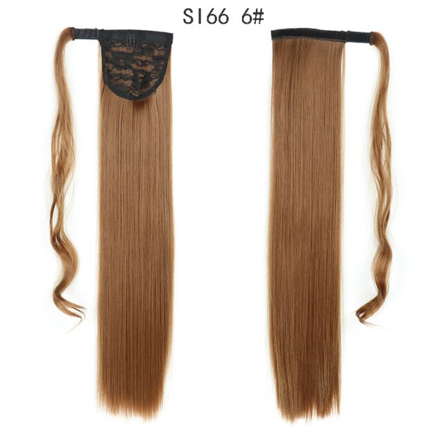 Long Straight Ponytail Wrap Around Ponytail Clip in Hair Extensions Natural Hairpiece Headwear Synthetic Hair Brown Gray 613