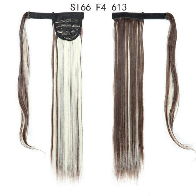 Long Straight Ponytail Wrap Around Ponytail Clip in Hair Extensions Natural Hairpiece Headwear Synthetic Hair Brown Gray 613