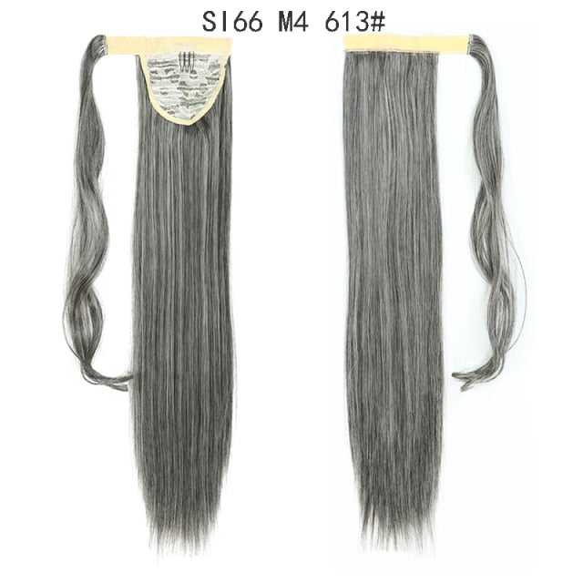 Long Straight Ponytail Wrap Around Ponytail Clip in Hair Extensions Natural Hairpiece Headwear Synthetic Hair Brown Gray 613