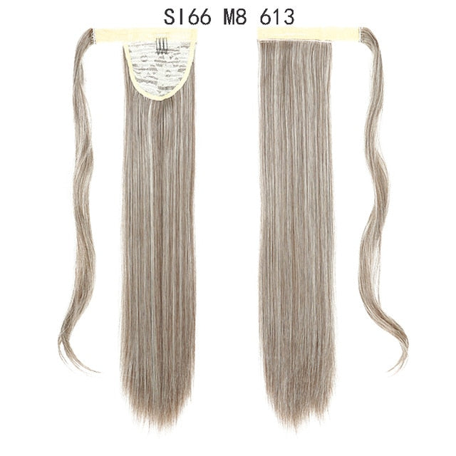 Long Straight Ponytail Wrap Around Ponytail Clip in Hair Extensions Natural Hairpiece Headwear Synthetic Hair Brown Gray 613