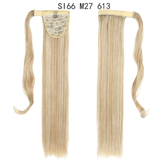 Long Straight Ponytail Wrap Around Ponytail Clip in Hair Extensions Natural Hairpiece Headwear Synthetic Hair Brown Gray 613