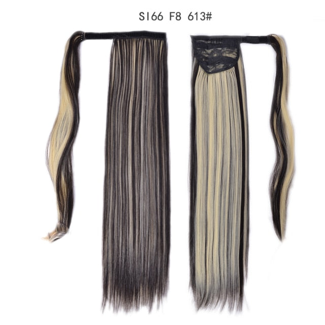 Long Straight Ponytail Wrap Around Ponytail Clip in Hair Extensions Natural Hairpiece Headwear Synthetic Hair Brown Gray 613