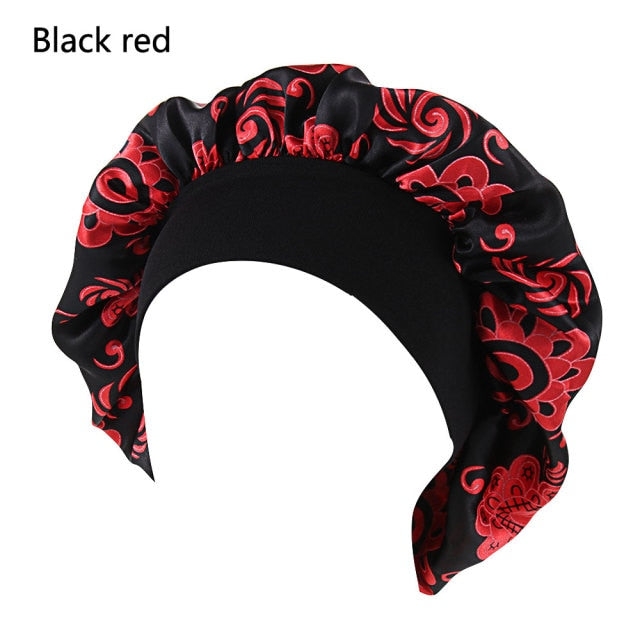 Printing Satin Bonnet For Women Elastic Wide Band Night Sleep Satin Hat Chemo Caps Hair Loss Cover Fashion Head Wrap Hair Care