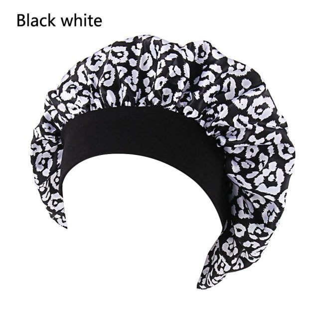 Printing Satin Bonnet For Women Elastic Wide Band Night Sleep Satin Hat Chemo Caps Hair Loss Cover Fashion Head Wrap Hair Care