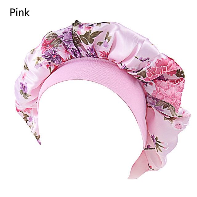 Printing Satin Bonnet For Women Elastic Wide Band Night Sleep Satin Hat Chemo Caps Hair Loss Cover Fashion Head Wrap Hair Care