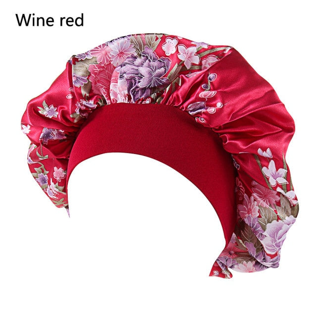 Printing Satin Bonnet For Women Elastic Wide Band Night Sleep Satin Hat Chemo Caps Hair Loss Cover Fashion Head Wrap Hair Care